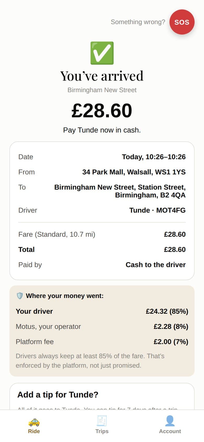Rider app: the receipt, showing where the money went and the option to tip