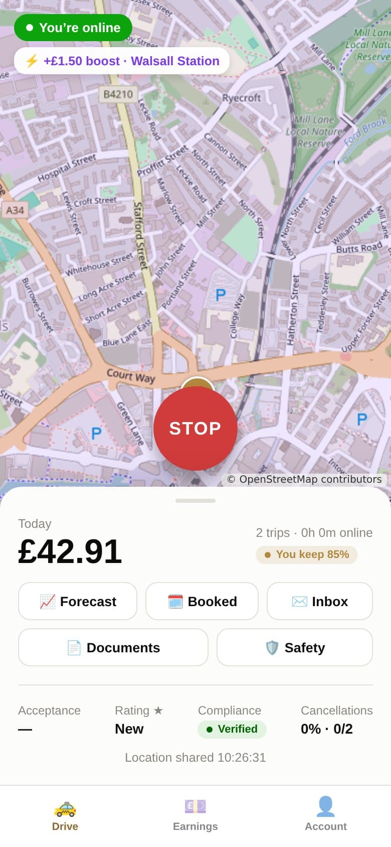 Driver app: online, with a boost zone on the map and today’s earnings