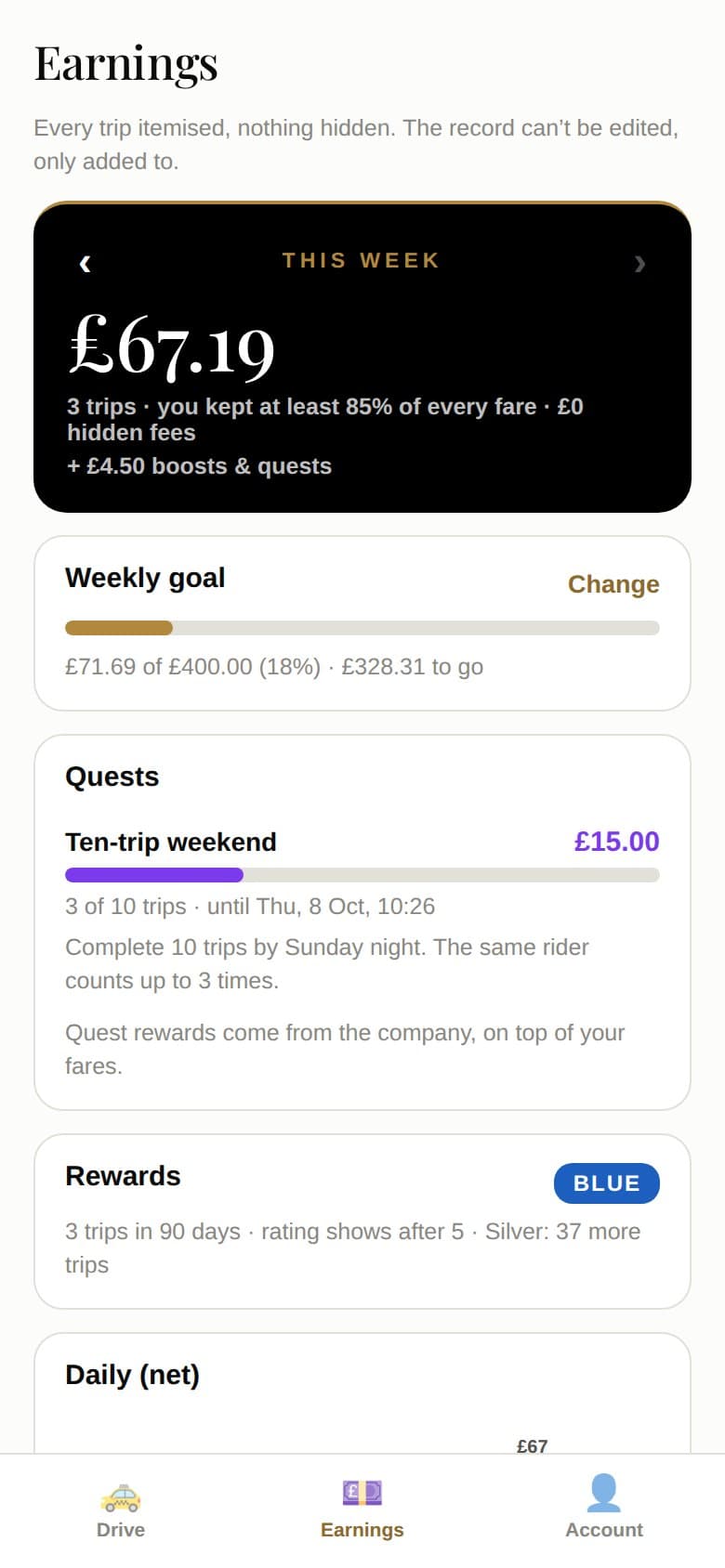 Driver app: this week’s earnings, a weekly goal and a quest