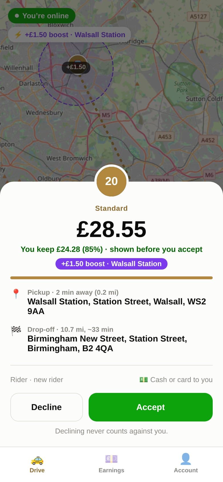 Driver app: a trip offer showing the fare, what the driver keeps and a boost