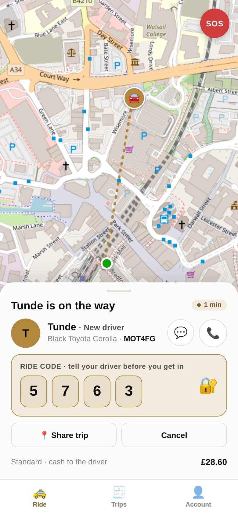 Rider app: the driver on the map, with their car, plate and the ride code