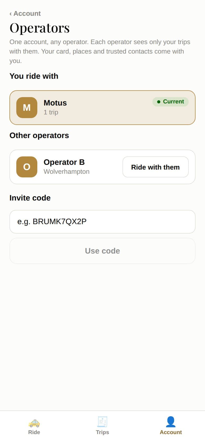 Rider app: the operators you ride with, and others you can switch to