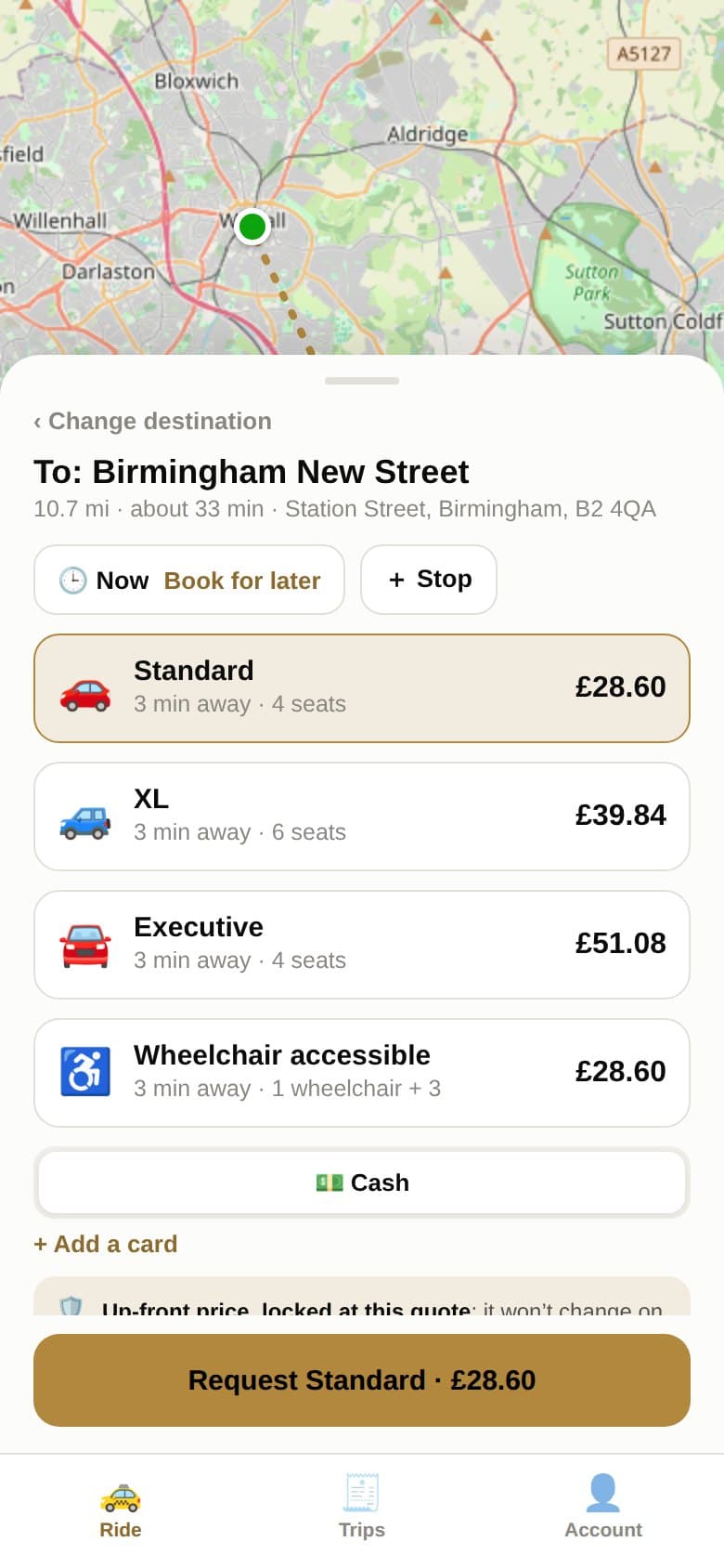 Rider app: fixed prices for Standard, XL, Executive and wheelchair-accessible cars