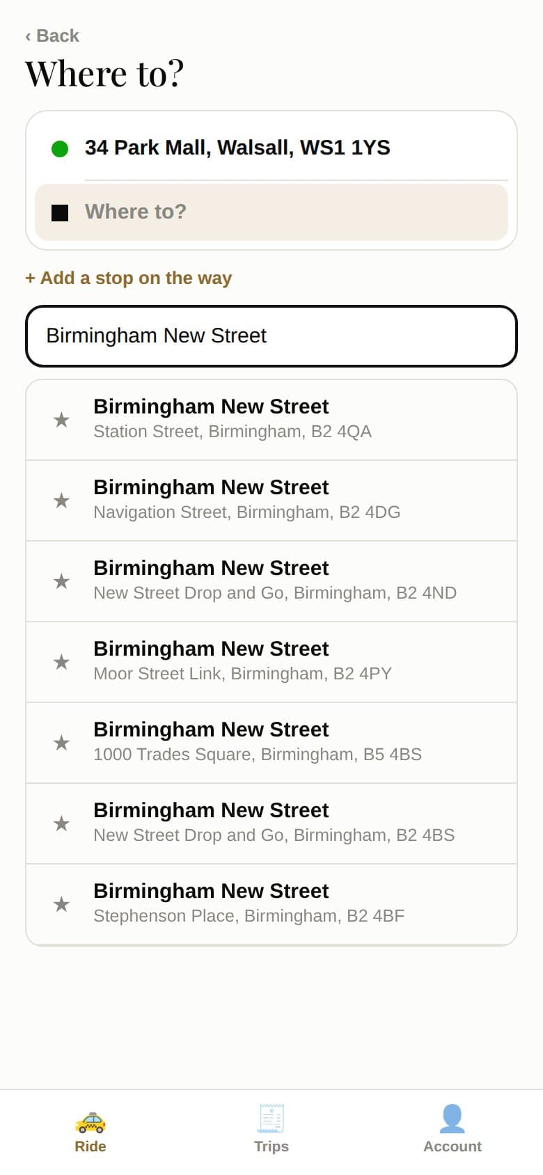 Rider app: searching for Birmingham New Street, with matching places listed