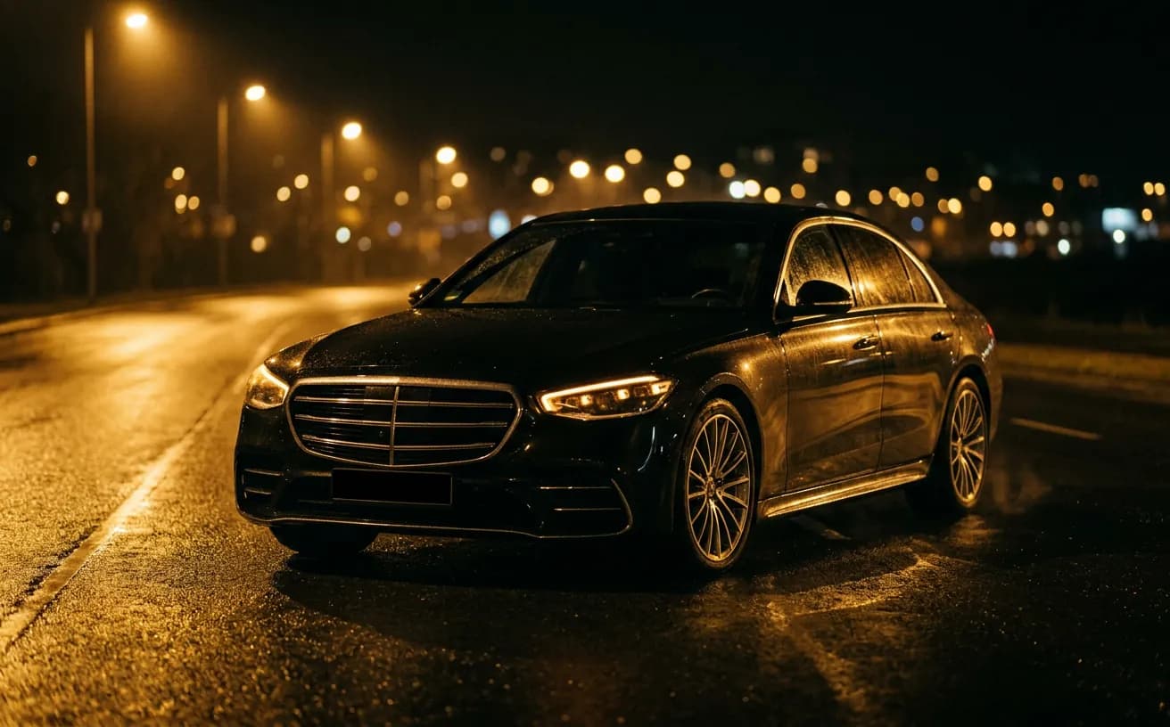 Black executive saloon on a wet high street at night