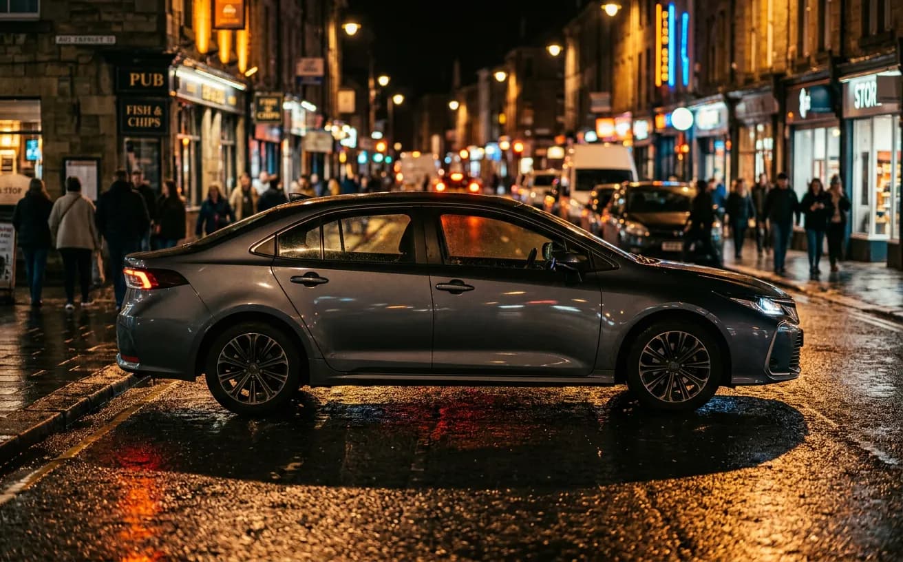 Grey hybrid saloon on a wet street