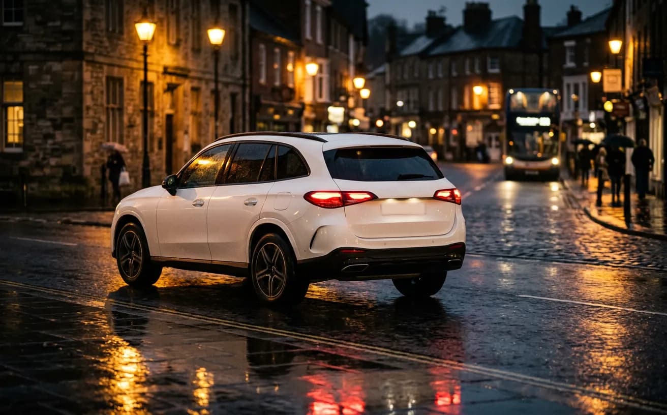White SUV on wet tarmac
