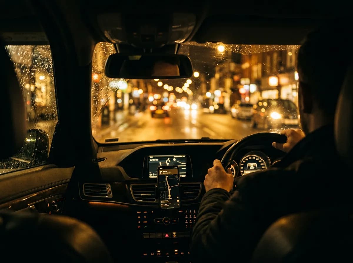 The rear seat of a clean private hire car at night, with warm street light through the window