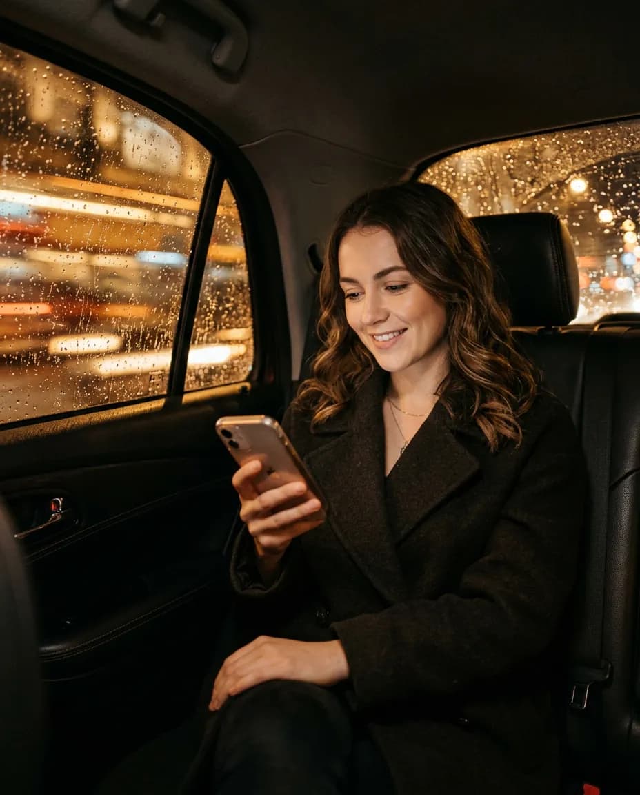 A rider relaxing in the back of a car at night, checking her phone